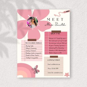 Editable Meet the Teacher Template Canva - Back to School Welcome Sheet for Elementary School Teachers -  Pink Printable Teacher Intro Flyer