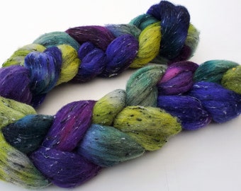 Wool and viscose tweed roving, top, hand dyed/hand painted  4 oz, fiber for spinning, felting, nuno felting, needle felting