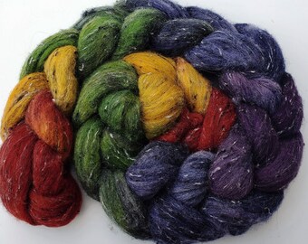 Wool and viscose tweed roving, top, hand dyed/hand painted  4 oz, fiber for spinning, felting, nuno felting, needle felting