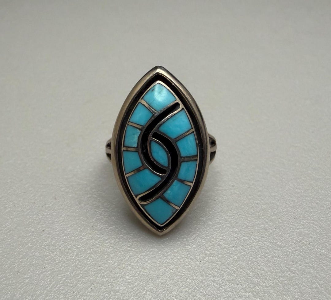 Southwest Santa Fe Style Kingman Turquoise Inlay & Sterling Silver Ring ...