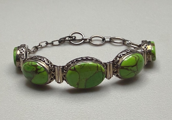 Mohave Green Copper Turquoise Solid Sterling Silver Toggle Bracelet