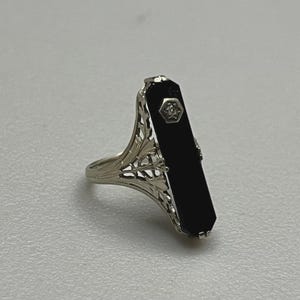 Gorgeous Vintage 14K Solid White Gold Art Deco Onyx & Diamond Estate Ring Size 4.75