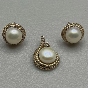 Vintage 10K Solid Gelbgold Perle Seil Stil Anhänger & Ohrringe Set