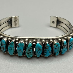 Stunning Vintage Signed Navajo Sterling Silver & Natural Turquoise Row Heavy Cuff Bracelet 56.9g