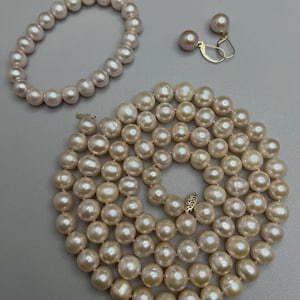 14K Gelbgold Perlen Schmuck Set: Kette, Armband & Ohrringe