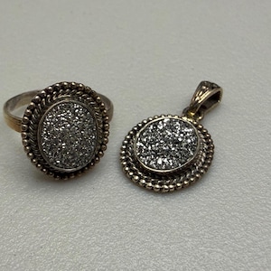 Solid Sterling Silber schillernde Platin Druse Quarz Ring & Anhänger Set