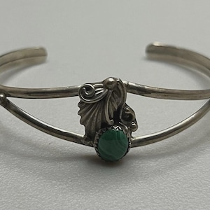 Vintage Signed Navajo Sterling Silver & Green Malachite Dainty Native American Cuff Bracelet