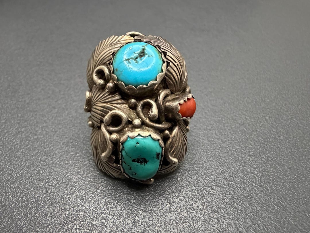 HUGE Vintage Turquoise & Coral Native American NAVAJO Sterling Silver ...