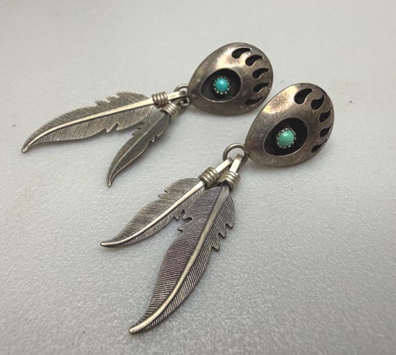 Vintage Native American Sterling Silver Turquoise Bear Paw Feather Earrings