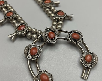 Vintage Navajo Red Coral Sterling Silver Squash Blossom Necklace, 25”
