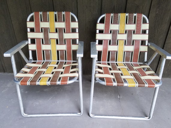 Pair Of Retro Mid Century Webbed Aluminum Folding Lawn Chairs Etsy