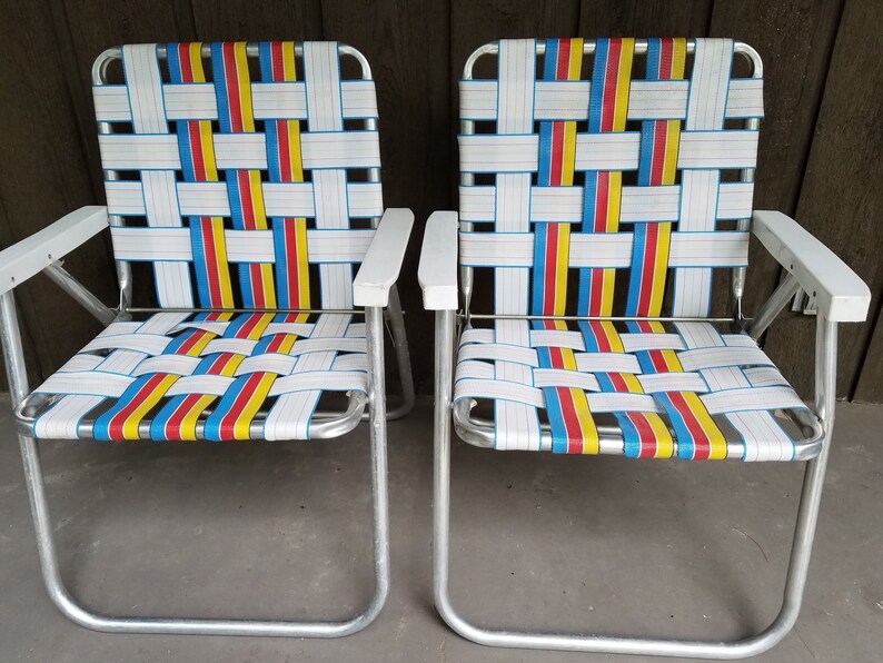 Matching Pair Of Folding Webbed Lawn Chairs Aluminum Retro Etsy