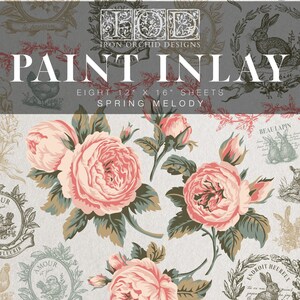 May include: A set of eight 12x16 inch sheets of paper featuring a floral design with pink roses and green leaves. The paper is designed for paint inlay, a craft technique where paint is applied to the paper to create a raised design. The paper is titled "Spring Melody" and is from Iron Orchid Designs.