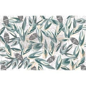 May include: A seamless pattern featuring abstract green and beige leaves on a white background. The leaves have a layered, textured look and are arranged in a random, overlapping pattern.