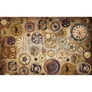 May include: A vintage-inspired background featuring a collection of antique clock gears, cogs, and clock faces in shades of gold, brown, and white. The background is a textured, aged paper with a distressed look.