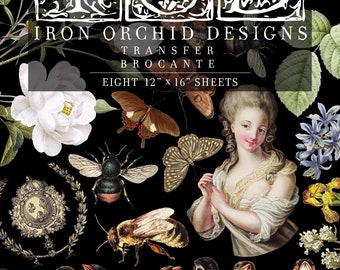 May include: A black background features a collage of vintage-style illustrations. The design includes butterflies, bees, birds, floral elements, and a portrait of a woman. The text "IRON ORCHID DESIGNS" and "EIGHT 12" x 16" SHEETS" are also visible.