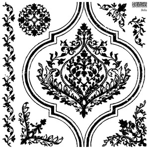 May include: Black and white decorative design featuring a large, intricate, floral pattern with a repeating motif of leaves and flowers. The design is framed by a border of smaller floral patterns.