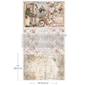 May include: A three-panel decorative paper featuring a vintage cityscape with a floral border, a floral pattern, and a vintage map with text. The paper measures 19 inches by 30 inches.