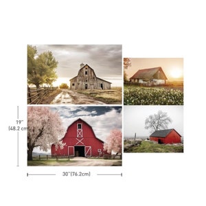 May include: A set of four framed canvas prints featuring rustic barn scenes. The largest print is 30 inches wide and 19 inches tall. The images depict barns in various settings, including a red barn with pink trees and a weathered barn under a cloudy sky.