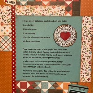Oh So Sweet: Sweet Potatoes, 1 Page 8 1/2 x 11 Recipe Scrapbook Layout, Premade Scrapbook Recipe, Ready to Assemble Recipe Layout