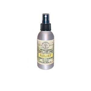 May include: A silver aromatherapy room and linen spray bottle with a black spray nozzle. The label reads "RELIEF" and lists chamomile and eucalyptus. The bottle contains 4 fl oz (120ml) of product.