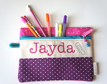 Personalized Pencil Pouch, Zipper Pouch, Fabric Bag, Pink, Purple, Aqua with Name and Glitter Graphic