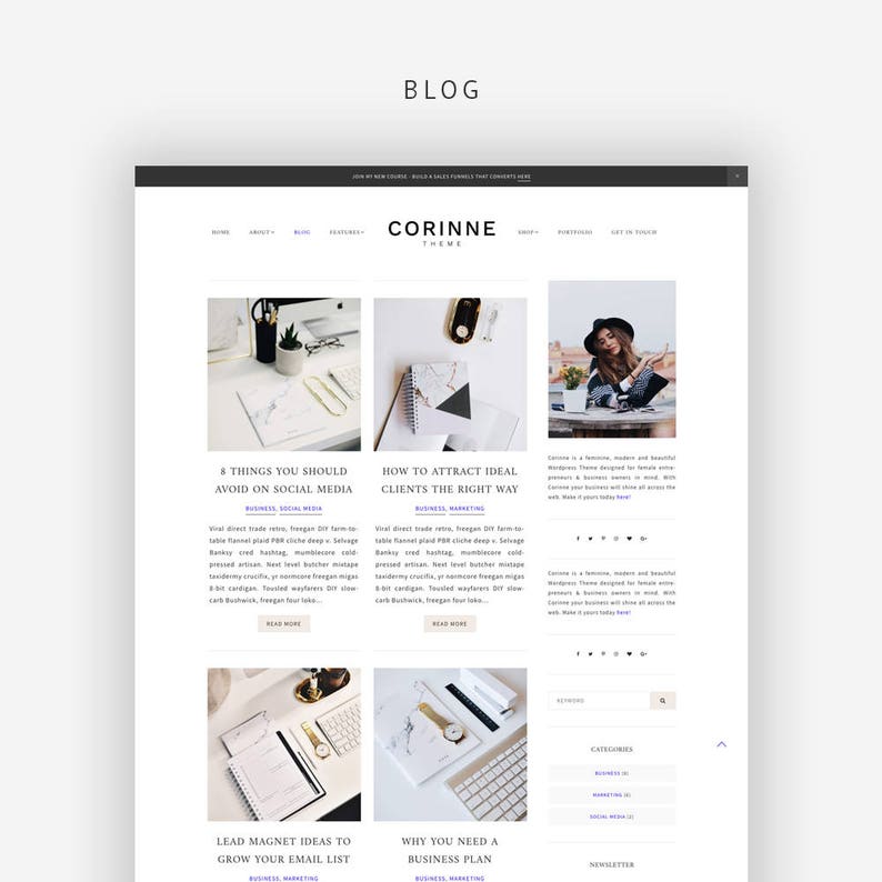 Portfolio Corinne Genesis Child Theme eCommerce Feminine Wordpress Theme for Female Entrepreneurs