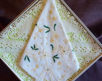 Handkerchief / Hankie in White with Embroidered Yellow and Green Floral Design