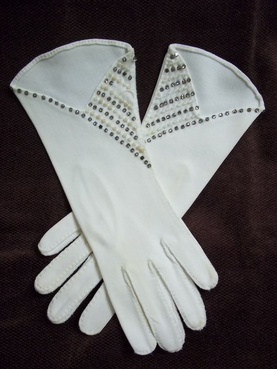 Rhinestone and Faux Pearl Beaded Vintage Gloves - image 1