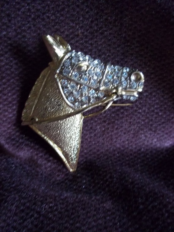 Horse Head Pin in Gold Tone and Rhinestones - image 1