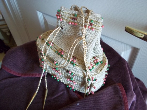 1940's Beaded Crochet String Draw Purse View 2