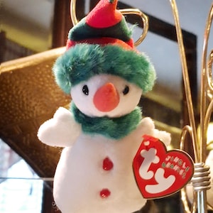 Vintage Mini Ty Jingle Mütze Baby Schneemädchen der Teddybär Schneemann hängen Weihnachtsbaum Ornament