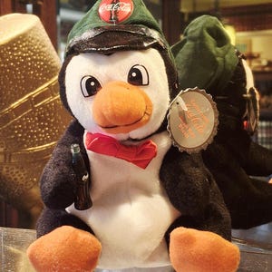 Vintage Coca Cola Christmas Bean Bag Plush Style No. 0108 Penguin in Delivery Cap 1997