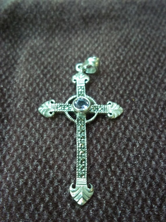 Ornate Sterling Silver Vintage Cross with Amethys… - image 1