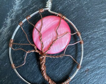 Pink shell moon Wire Wrapped Tree Of Life Pendant ~ Gemstone Crystal Healing ~ Handmade Ooak
