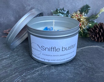 Sniffle buster aromatherapy scented essential oil soy wax candle 200ml eucalyptus, lemon, peppermint and tea tree chemical free