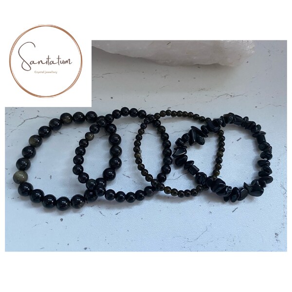 Obsidian Chip, 4,6 or 8mm Round Bead Beaded Stretch Bracelet ~ Gemstone Crystal Healing Reiki Infused ~ Handmade