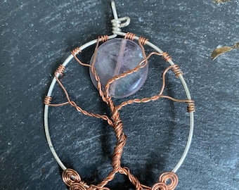 Fluorite moon Wire Wrapped Tree Of Life Pendant ~ Gemstone Crystal Healing ~ Handmade Ooak