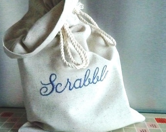 Scrabble bag. Machine embroidered, to order and carry the scrabble letters