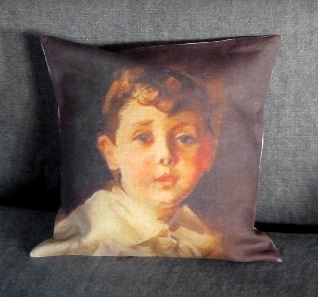 Housse de Coussin en Lin Naturel, Impression Vintage Portrait d'enfant.