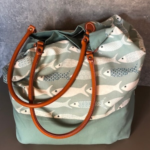Large canvas bag, leather handles, celadon color.