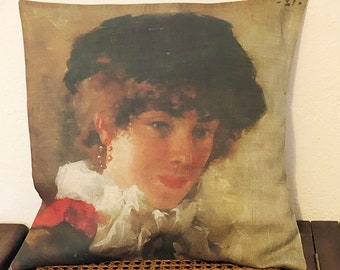 Housse de coussin en lin naturel, portrait jeune femme vintage