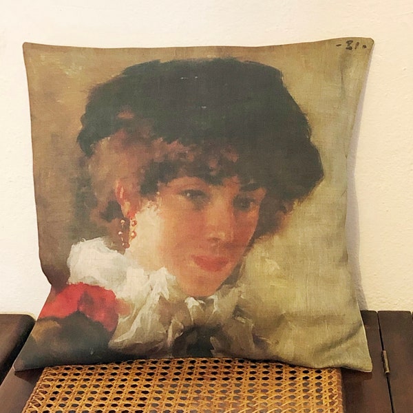 Housse de coussin en lin naturel, portrait jeune femme vintage