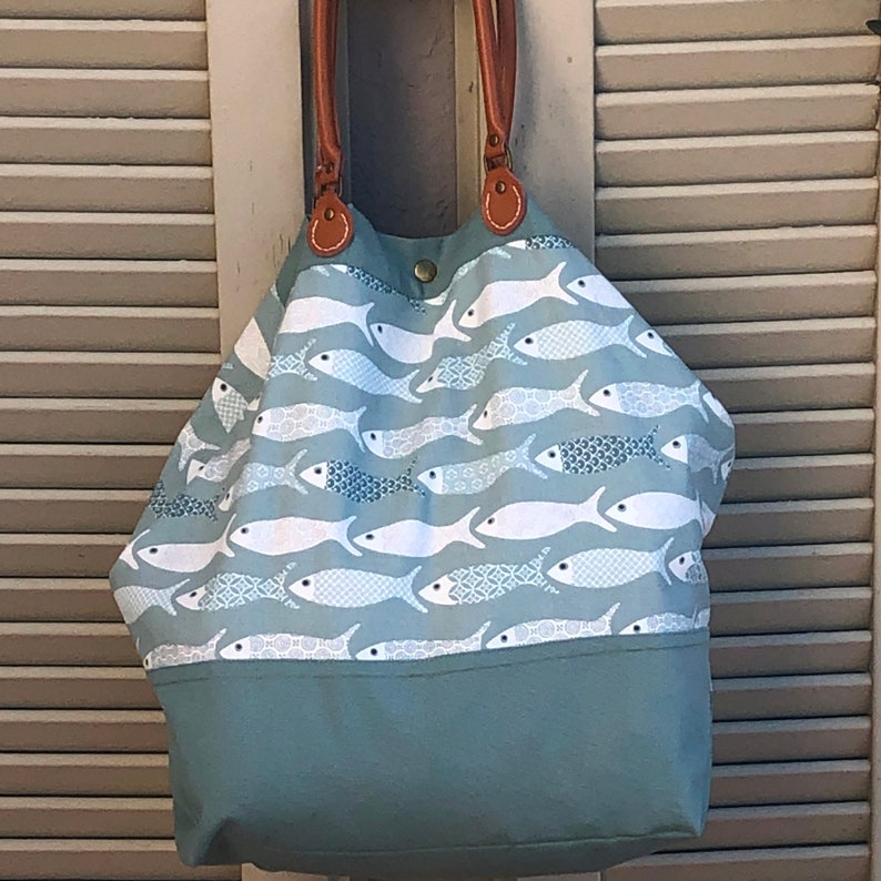 Large Canvas Bag Leather Handles Celadon Color. Etsy