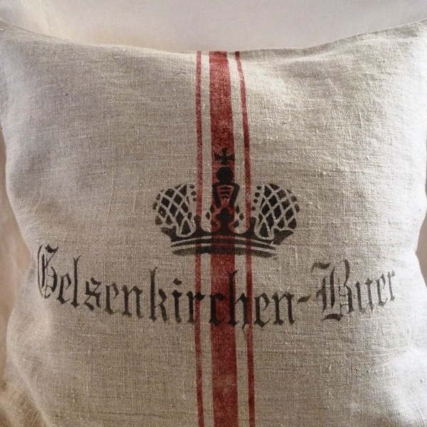Pillow cover, Washed raw linen, printed  like faux-vintage grain sack.