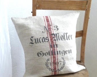 Natuurlijk linnen kussenhoes met vintage graanzakprint Klein model