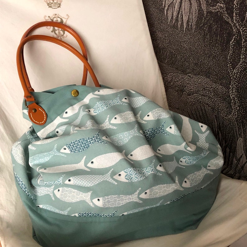 Large Canvas Bag Leather Handles Celadon Color. Etsy