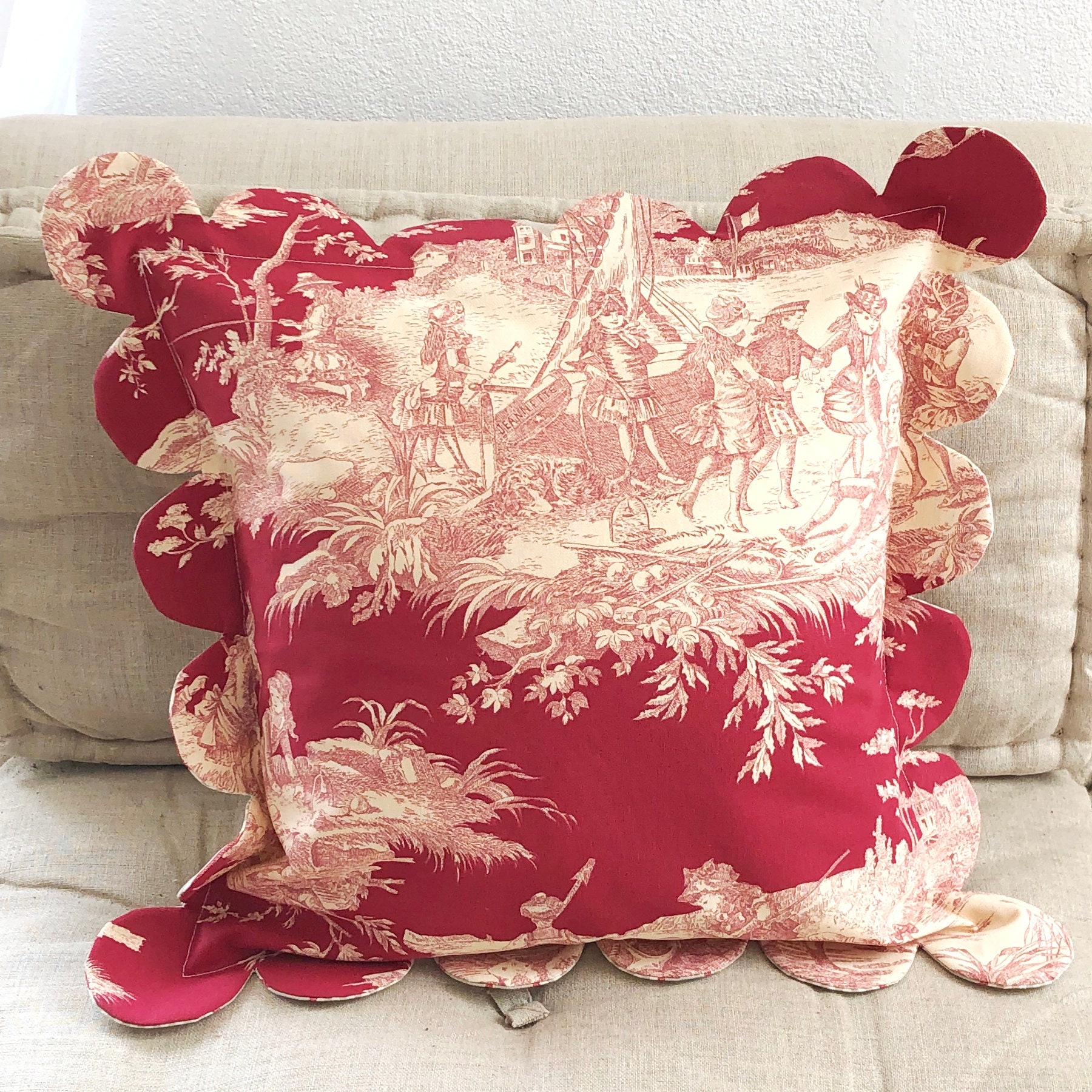 Housse de Coussin, Toile Jouy, Festonnée.