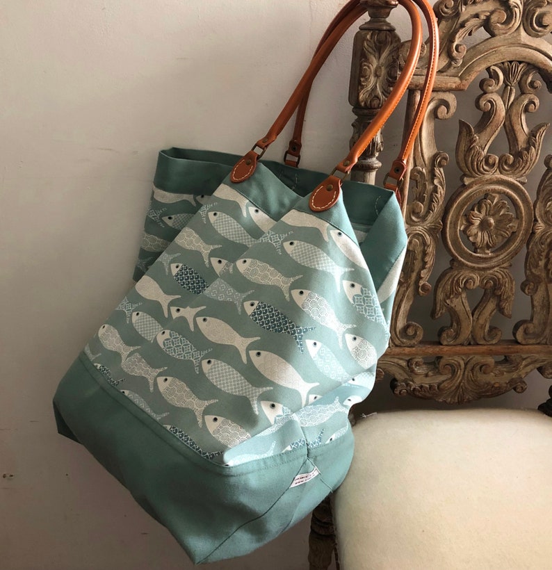 Large Canvas Bag Leather Handles Celadon Color. Etsy