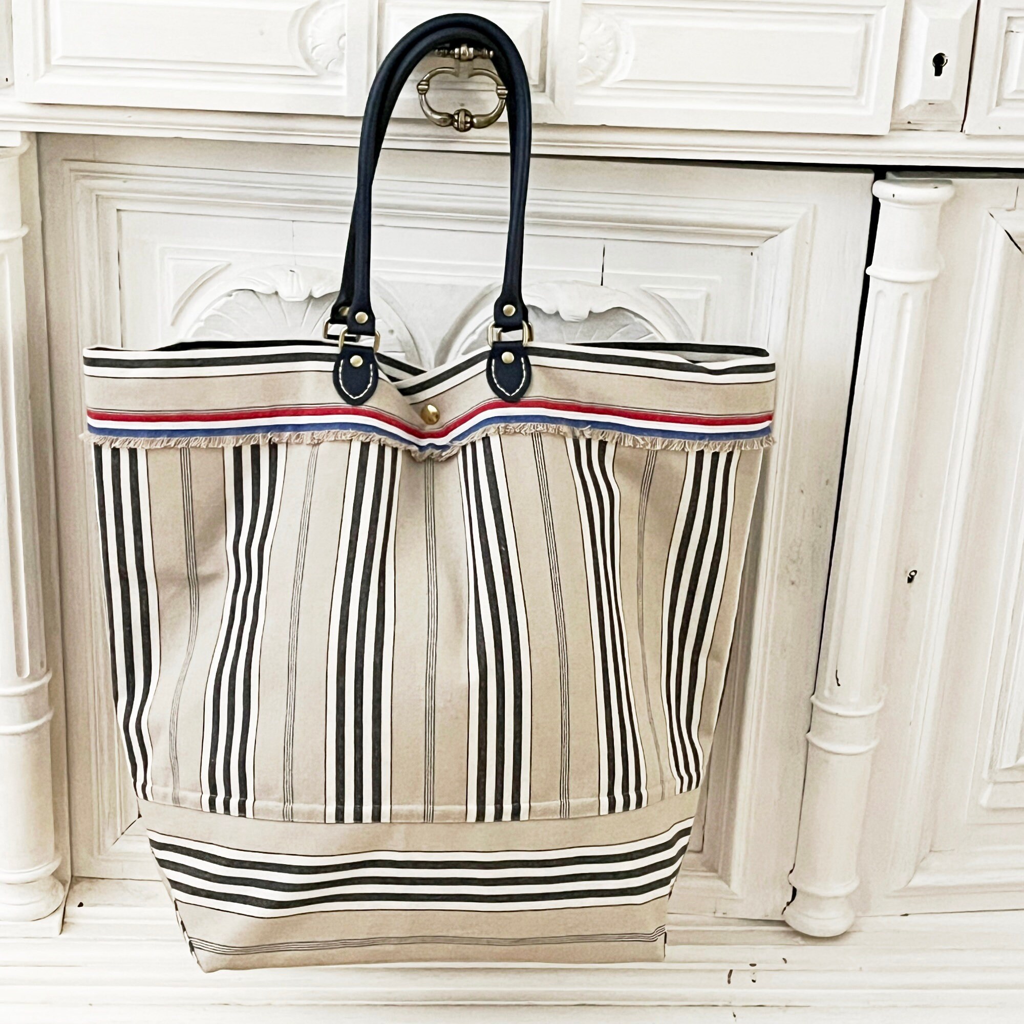 日本未入荷☆leather edge canvas bag (large)/hetherment Large Thick Canvas Bag, Natural Leather Look Handles